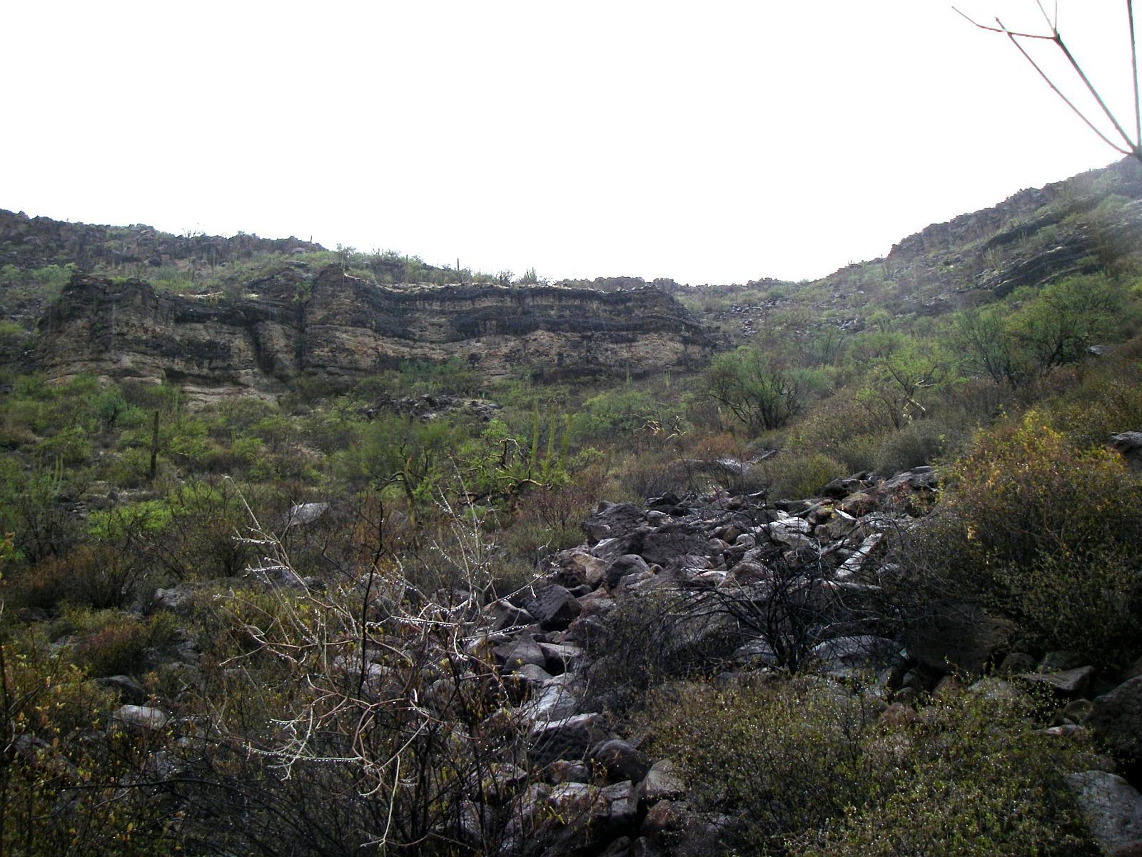 View of rockshelter from below.  It rained all day. We could hear water rushing somewhere underground.