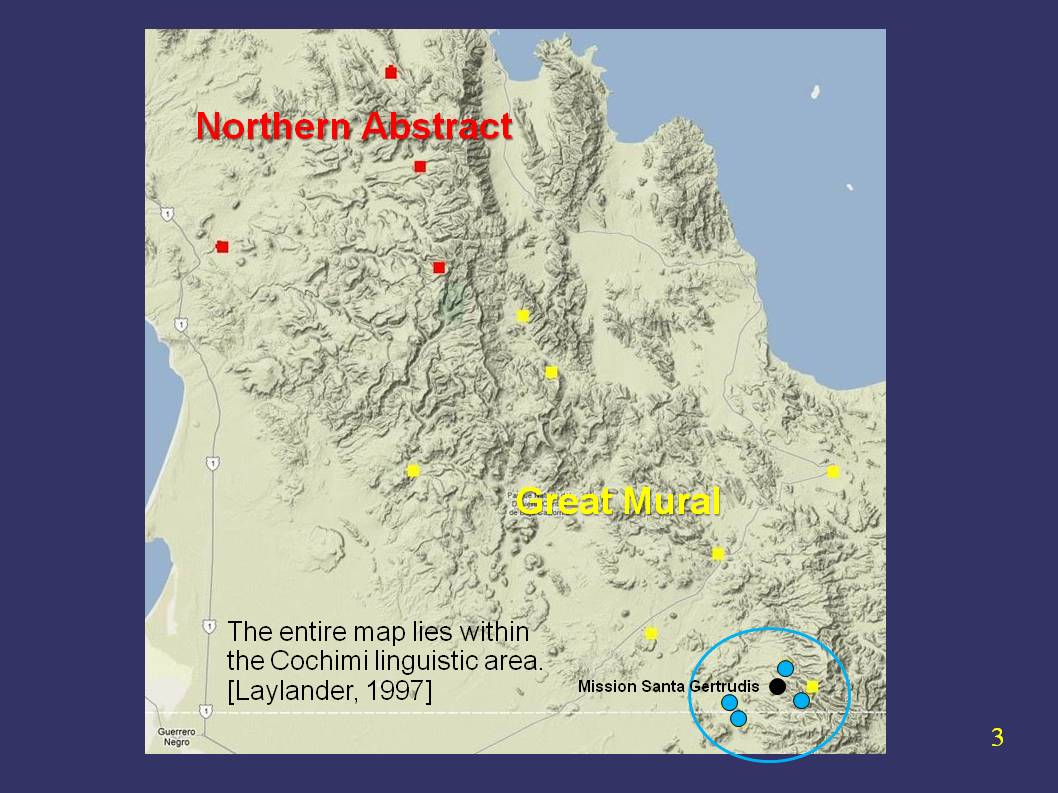 This higher resolution map shows the context of the sites in this talk (in blue) within the northern Great Mural area. The sites are in the Sierra de San Juan north of the Sierra de San Francisco.  This region has fewer and smaller sites than the Sierra de San Francisco or Sierra de Guadalupe to the south.