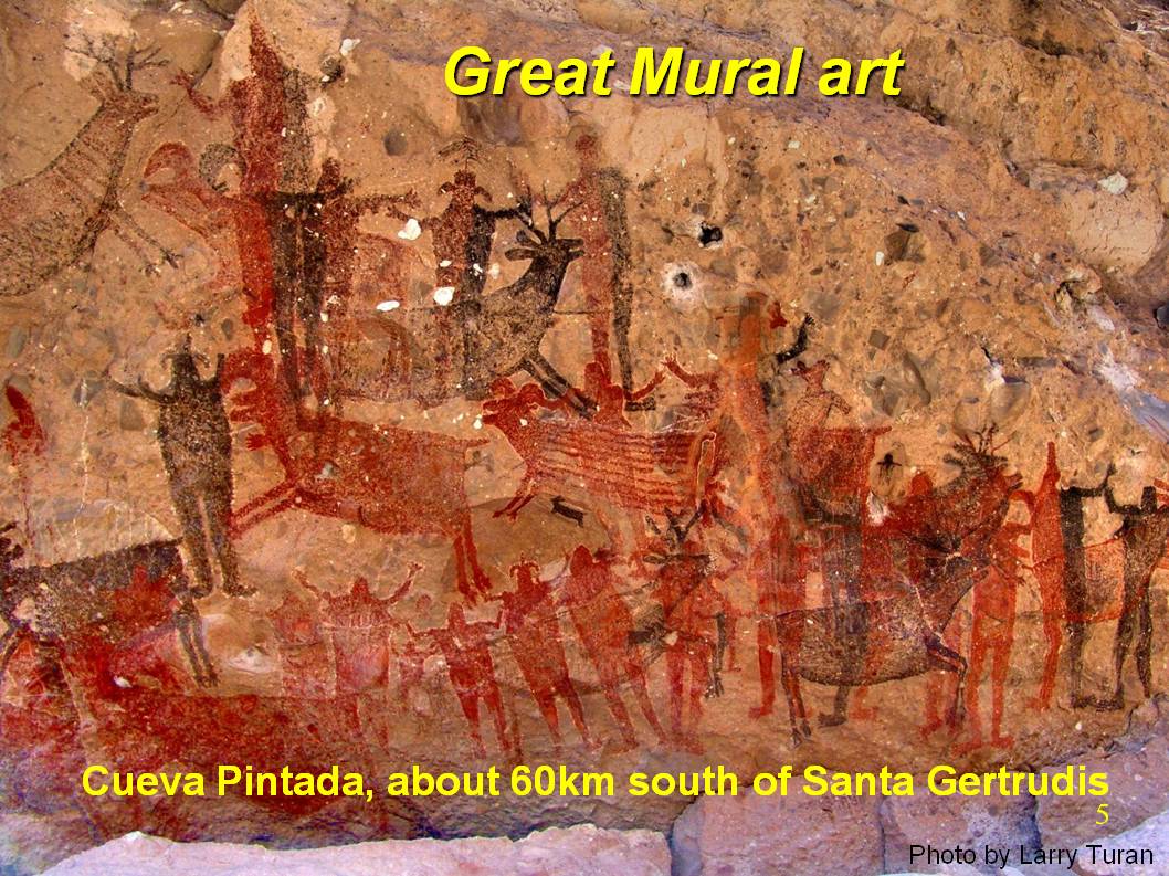 Cueva Pintada, about 60km south of Santa Gertrudis in the Sierra de San Francisco, is a justly famous Great Mural site with imagery typical of these sites.