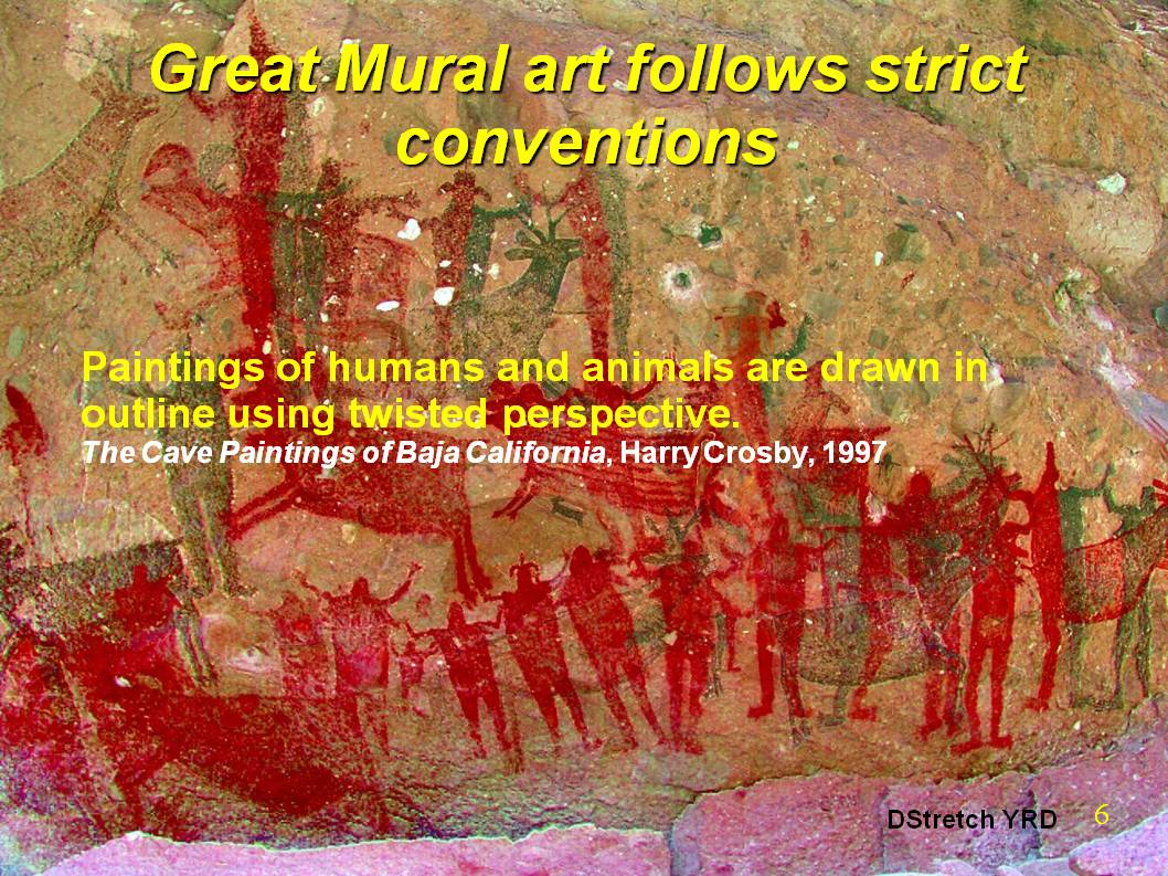 The character of Great Mural sites, especially when compared to Northern Abstract sites, follows strict conventions in subject matter and style.  The subjects are humans and animals drawn in outline using twisted perspective.
Patterns in the placement of figures can also occur.  In this talk I describe some patterns I have noticed in sites near Santa Gertrudis.
