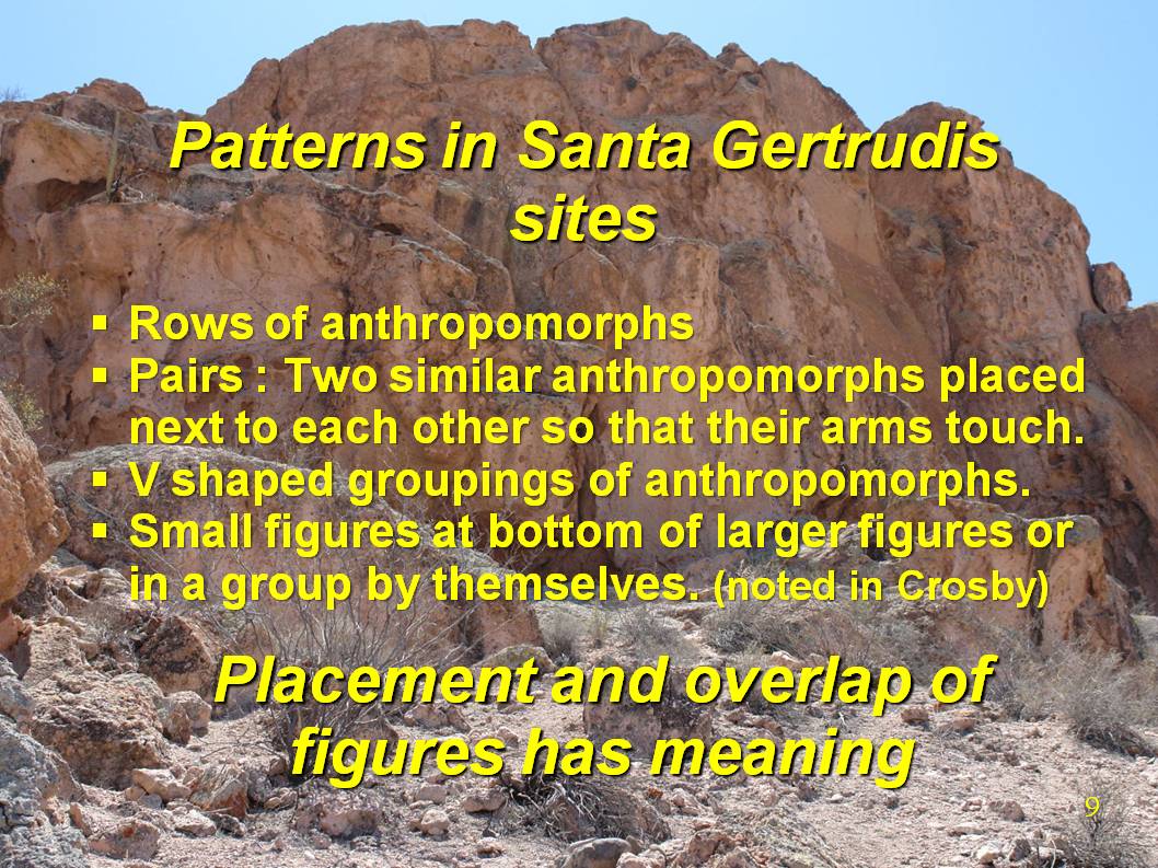 The patterns I will demonstrate are: (1) Rows of anthropomorphs. (2) Pairs, i.e. two anthropomorphs drawn similarly and placed next to each other so that their arms touch. (3) V shaped groupings of anthropomorphs. (4) Small figures at the bottom of larger figures or in a group by themselves. 
