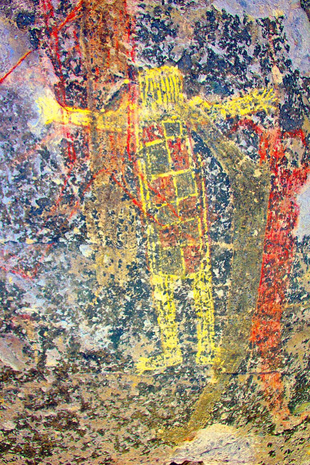 There is a faint small mono at left center drawn over the legs of the left red/black mono. (LDS)