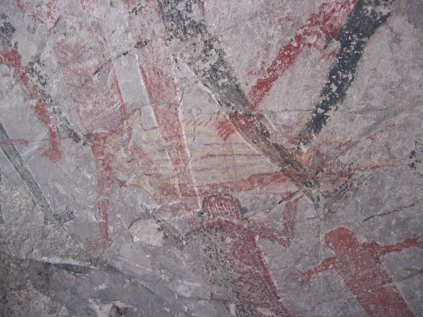 Cueva San Borjitas is an incredible cave north of Mulege. Dated to 7500BP! (I find this hard to believe.) There are dozens of paintings at San Borjitas, but just a few use a faded yellow.