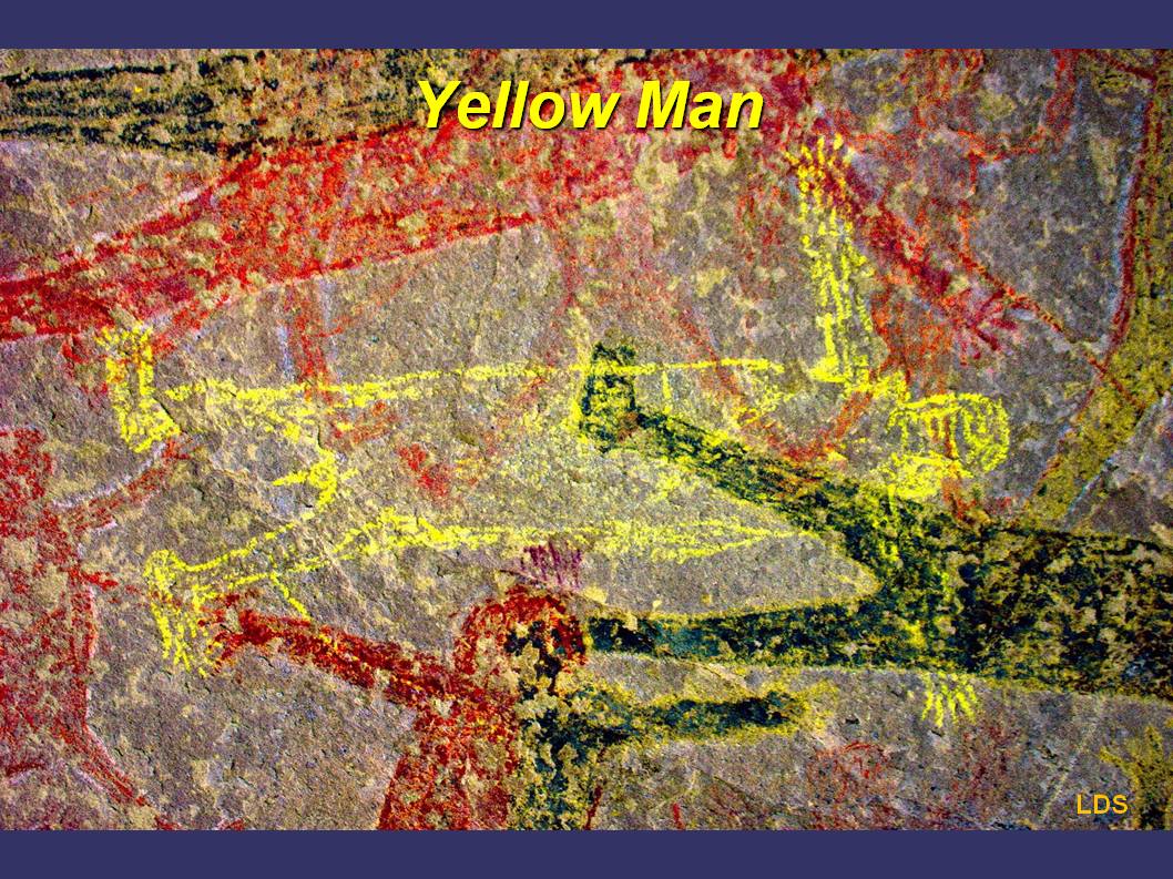 The yellow man is underneath the bicolors around him.