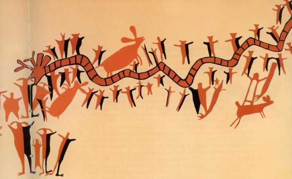 Cueva Serpiente, Harry Crosby, "The Cave Paintings of Baja California", 1975.  The illustration is by Joanne Crosby.